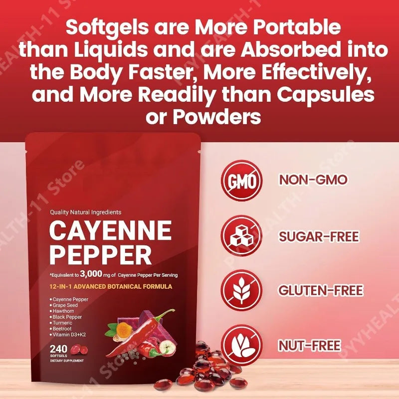Cayenne Pepper Softgels Supplement with Grape Seed Beetroot Turmeric Vitamins D3 K2 Herbal Supports Leg Vein Blood Vessel Health