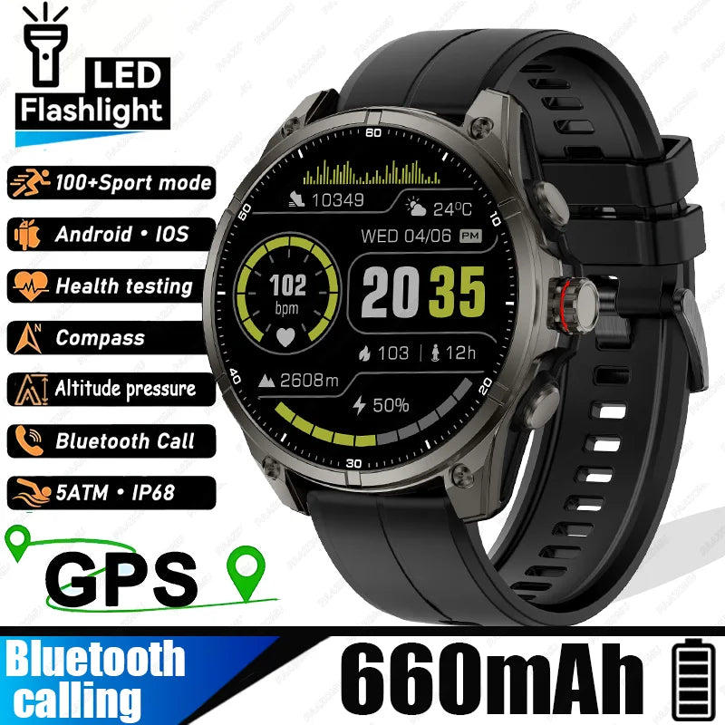 New Smart Watch GPS Sports Compass Altitude Air Pressure Blue Tooth Call 3ATM Waterproof Health AMOLED Screen Smartwatch 660 mAh