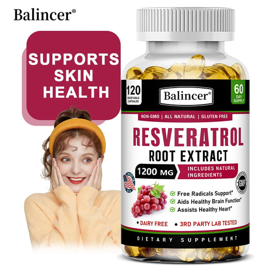 Resveratrol Root Extract Capsules - Antioxidant Anti-Aging, Brain & Heart Health, Skin Brightening & Immune Support, 120 Caps