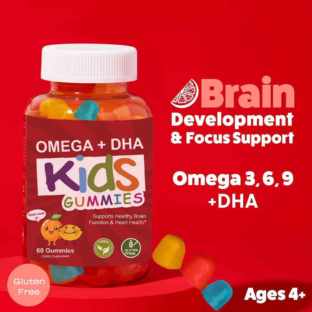 OMEGA + DHA Gummies for Kids, with Omega 3 6 9 + DHA, Vitamin C - Healthy Brain Function, Vision & Heart Health, Vegetarian