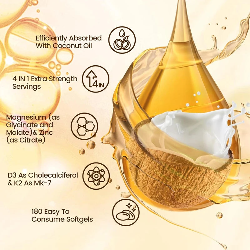 Vitamin D3 K2 Magnesium Zinc Complex, with Coconut Oil Support Nerve, Muscle, Heart, Bone and Dental Health, for Immune System