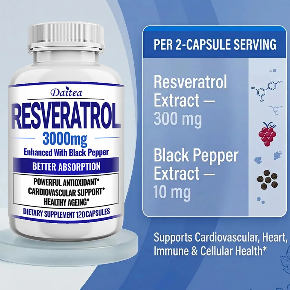 Resveratrol 3000mg Capsules, Maximum Strength Antioxidant, Supports Heart, Brain, Immune, Joint Health & Anti-Aging, Gluten-Free