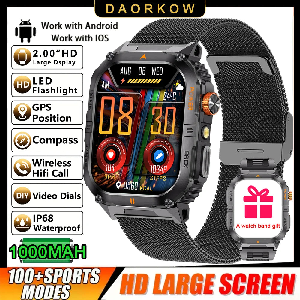 Outdoor Sport Smart Watch 2.00" 3ATM Waterproof LED Flashlight Answer Call 1000mAH Big Battery Health Fitness Tracker Smartwatch