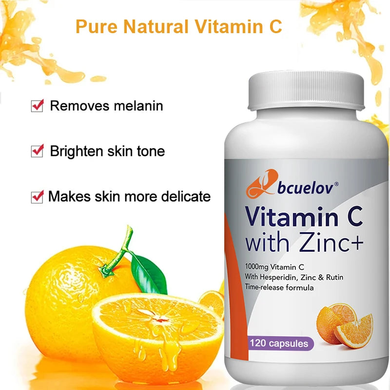 Organic Vitamin C + Zinc Capsules, High Absorption Immune Support, Antioxidant, Collagen Health Supplement - 30/60/120 Counts
