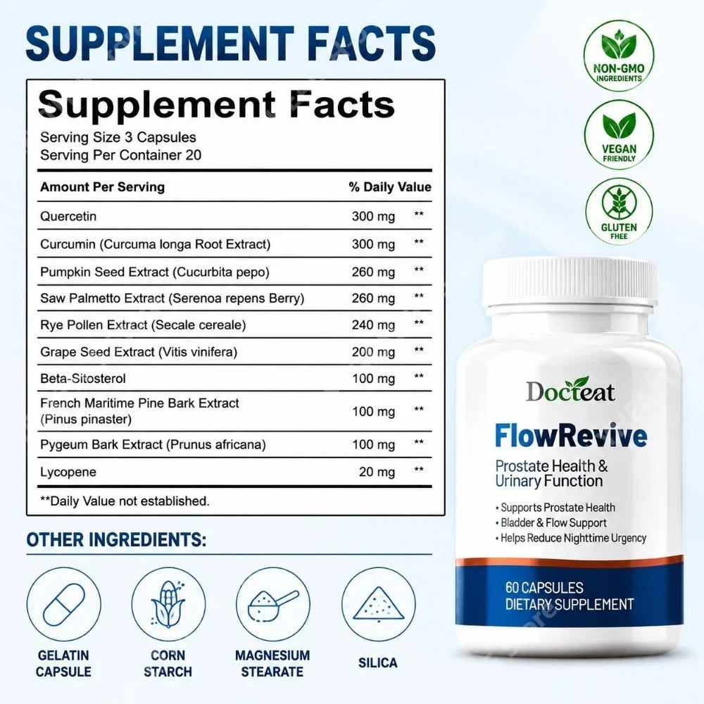 Docteat FlowRevive Prostate Health & Urinary Function Capsules Supports Prostate and Bladder Flow with Quercetin 60 Capsules