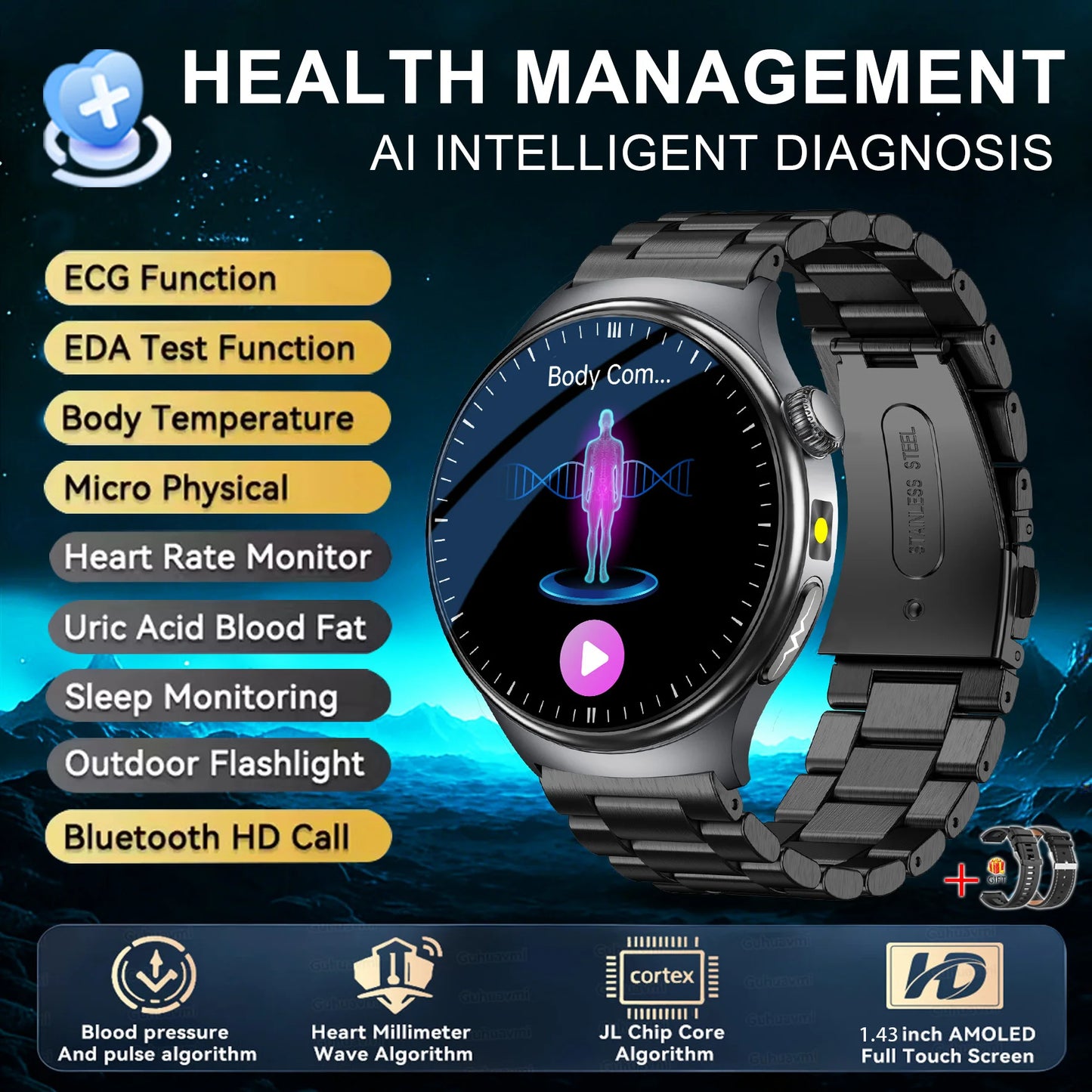 2026New Nursing Grade Health Smartwatches For Men Women Precision Detection Heart Rate Blood Fats Uric Acid ECG+PPG Smart Watch