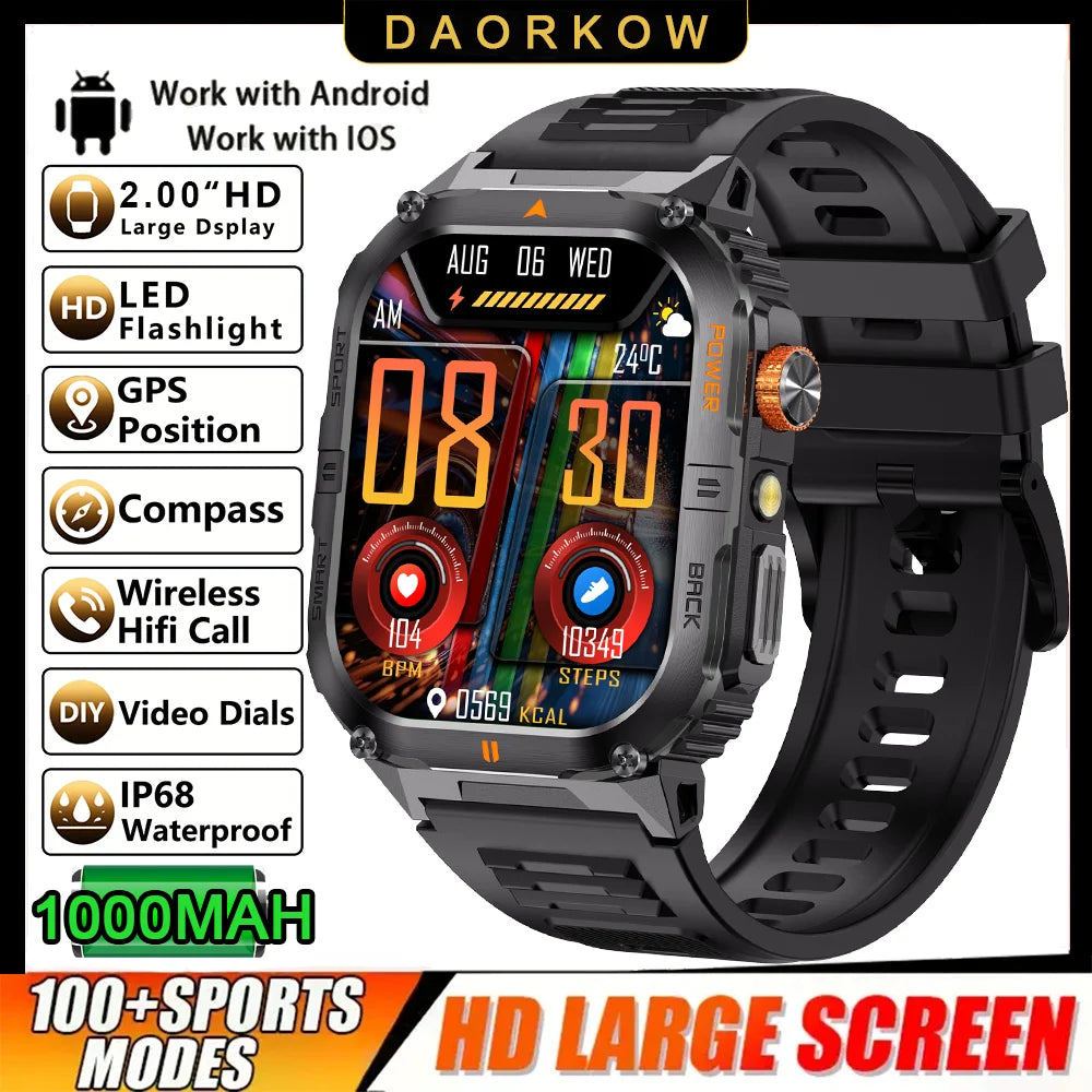 Outdoor Sport Smart Watch 2.00" 3ATM Waterproof LED Flashlight Answer Call 1000mAH Big Battery Health Fitness Tracker Smartwatch