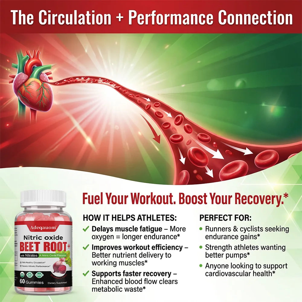 Nitric Oxide Beetroot Gummies, Organic Beetroot Extract, Blood Circulation Heart Health Blood Pressure Support, Natural Flavor