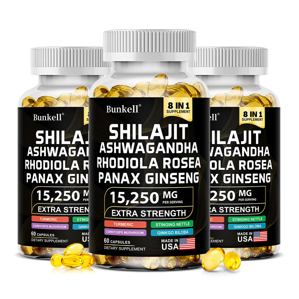 15250mg Shilajit Capsules 8-in-1 with Ashwagandha Ginseng Rhodiola Turmeric - Energy Brain Muscle Joint Health Immune Support