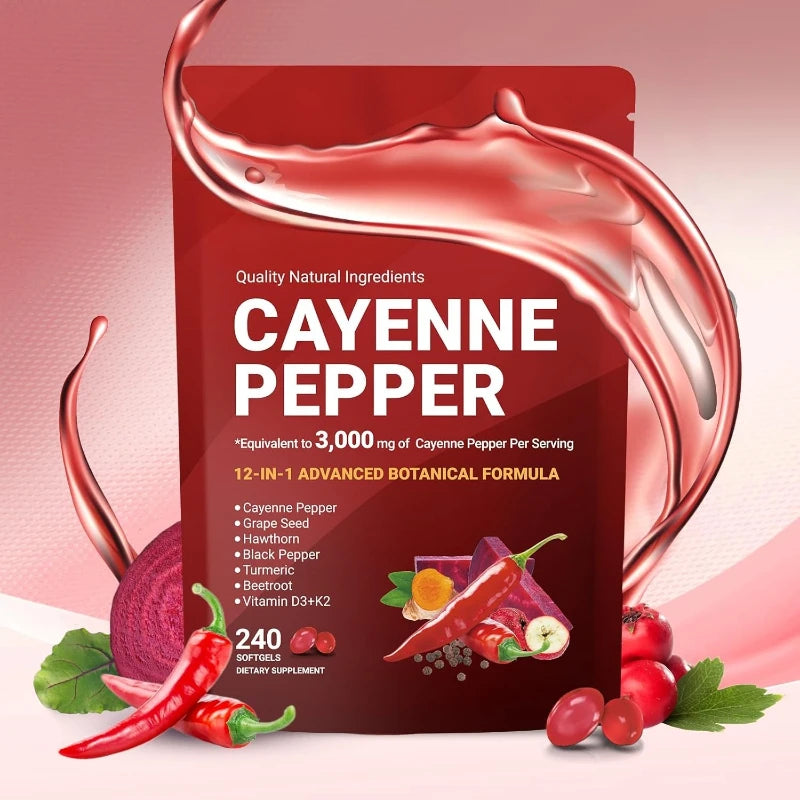 Cayenne Pepper Softgels Supplement with Grape Seed Beetroot Turmeric Vitamins D3 K2 Herbal Supports Leg Vein Blood Vessel Health