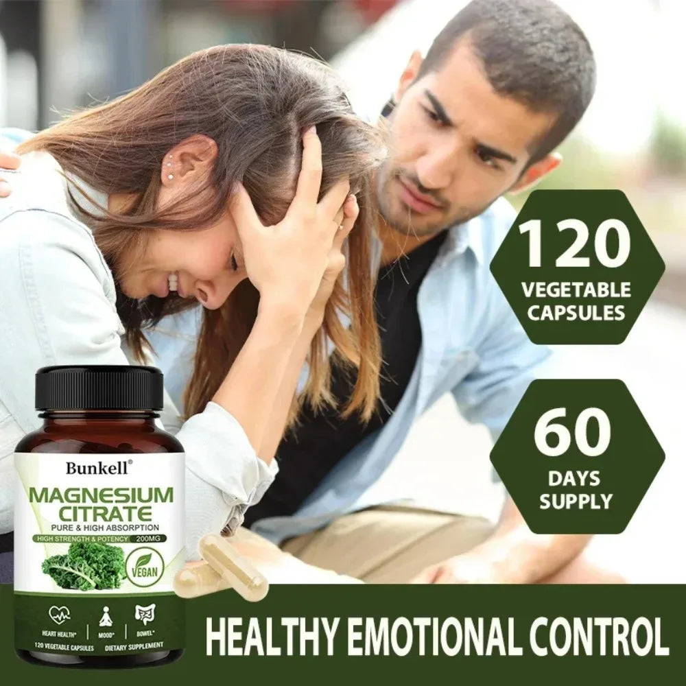 Magnesium Citrate Capsules 200 Mg - Maximum Absorption for Muscle, Nerve, Bone and Heart Health Gluten Free, Non-GMO