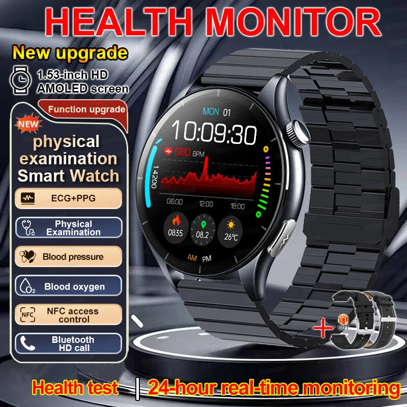 New Smart Watch for Men 1.43 inch Amoeld Screen Physical Examination Blood oxygen Pressure Fat Call Health ECG+PPG Smartwatch