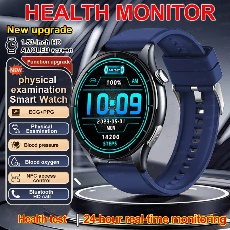 New Smart Watch for Men 1.43 inch Amoeld Screen Physical Examination Blood oxygen Pressure Fat Call Health ECG+PPG Smartwatch