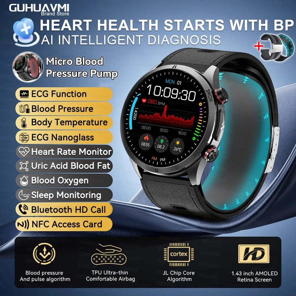 New Health Smart Watch Airbag Blood Pressure ECG+PPG AI Diagnosis Blood Lipid Uric Acid SOS Remote Care Smartwatch For Men Women