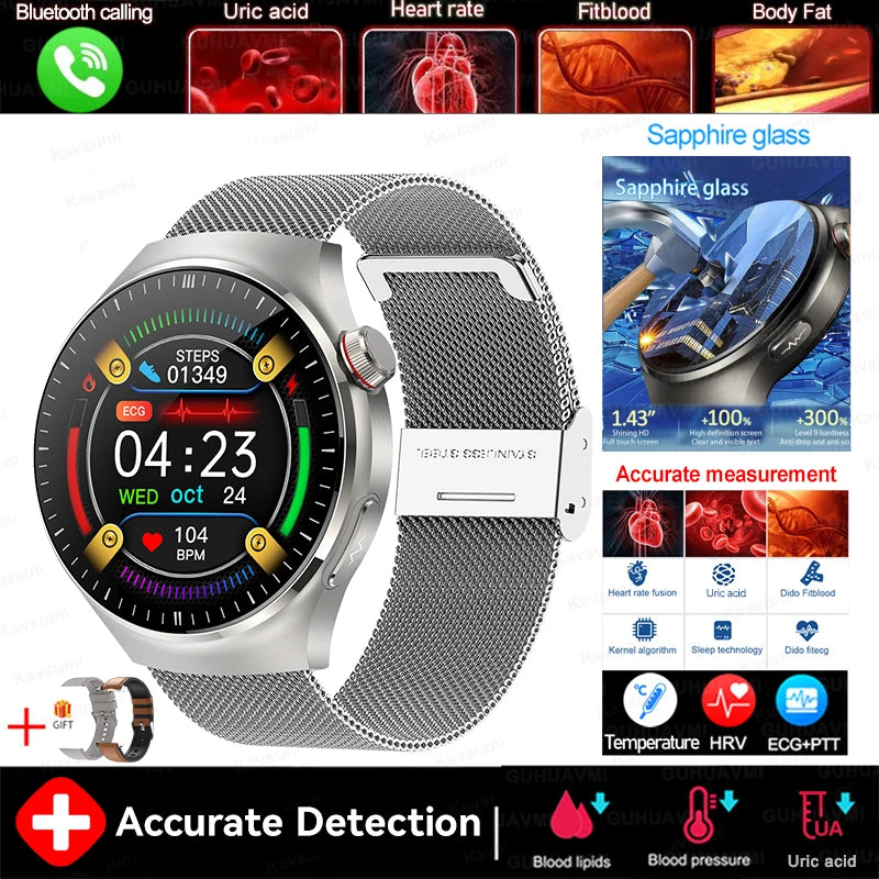 2025 New GUHUAVMI Accurate Blood Lipid Uric Acid Smart Watch Men Women ECG+PPG Blood pressure Bluetooth call Health Smartwatches