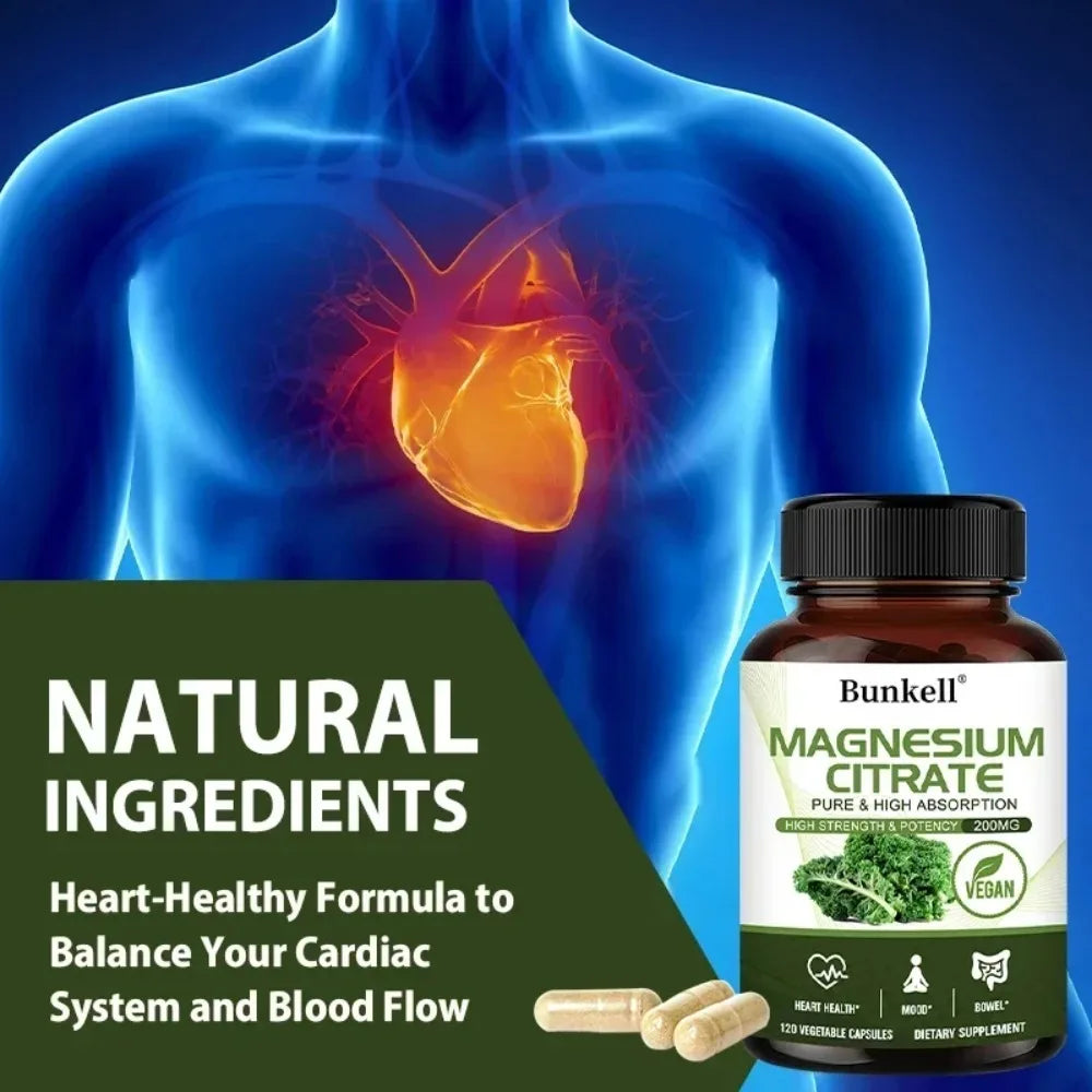 Magnesium Citrate Capsules 200 Mg - Maximum Absorption for Muscle, Nerve, Bone and Heart Health Gluten Free, Non-GMO