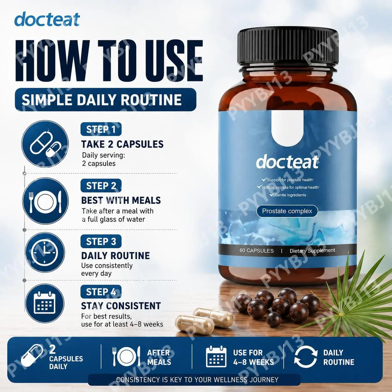 Docteat Prostate Complex Capsules Support Prostate Health and Urine Flow with Herbal Saw Palmetto and Pygeum, 60 Capsules