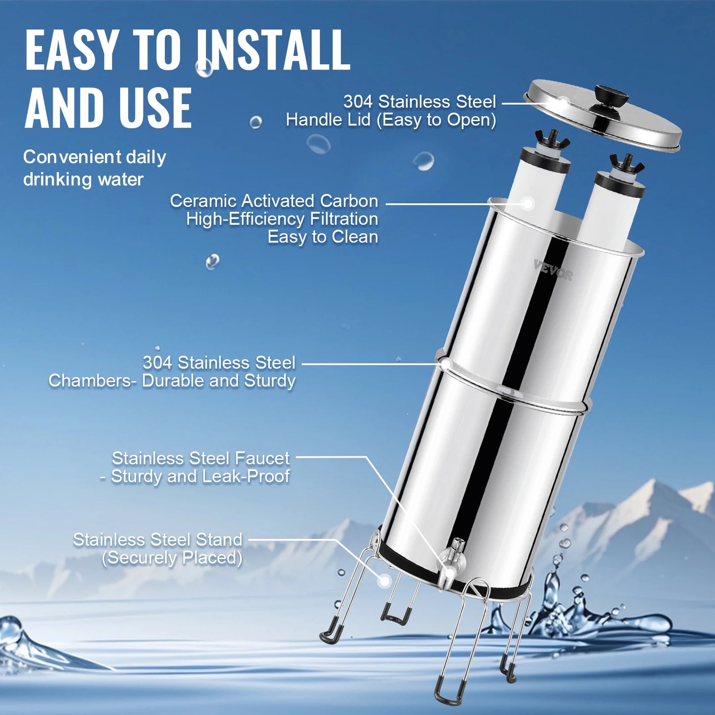 Gravity Fed Water Filter System 304 Stainless Steel Countertop