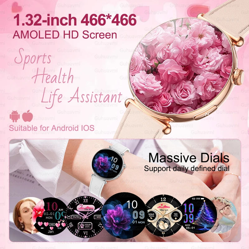 Luxury Diamond Smart Watch For Women 1.32" AMOLED Screen Heart Rate Blood Pressure Health Monitor IP68 Waterproof Sports Watches