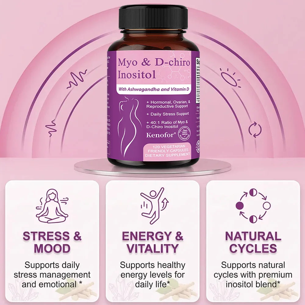 Inositol & Ashwagandha Capsules, Myo-Inositol with Vitamin D3, Ovarian & Hormone Balance, Nerve Health & Blood Sugar Support