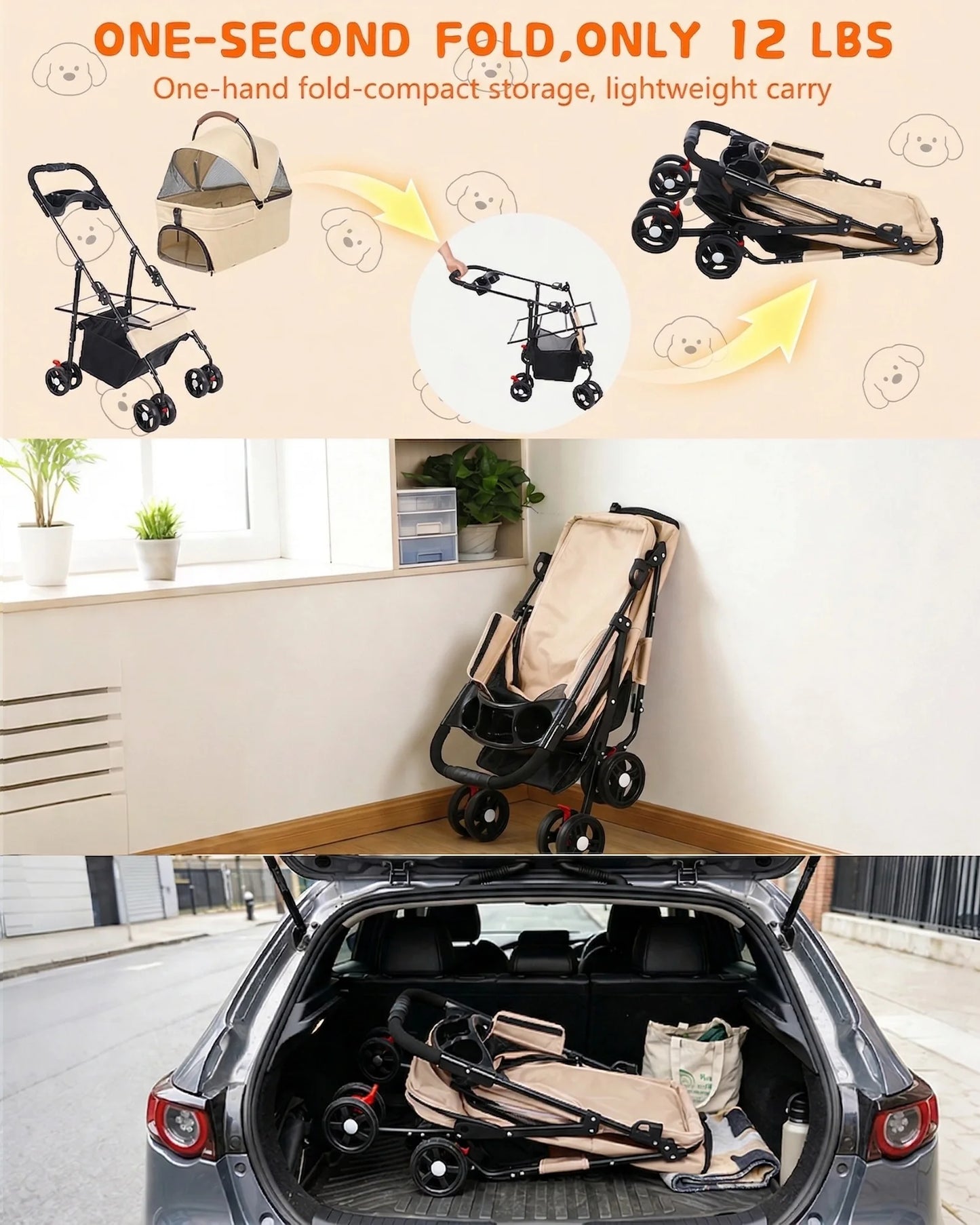 Cabusatly 2in1 Pet Stroller For Small Dogs And Cats