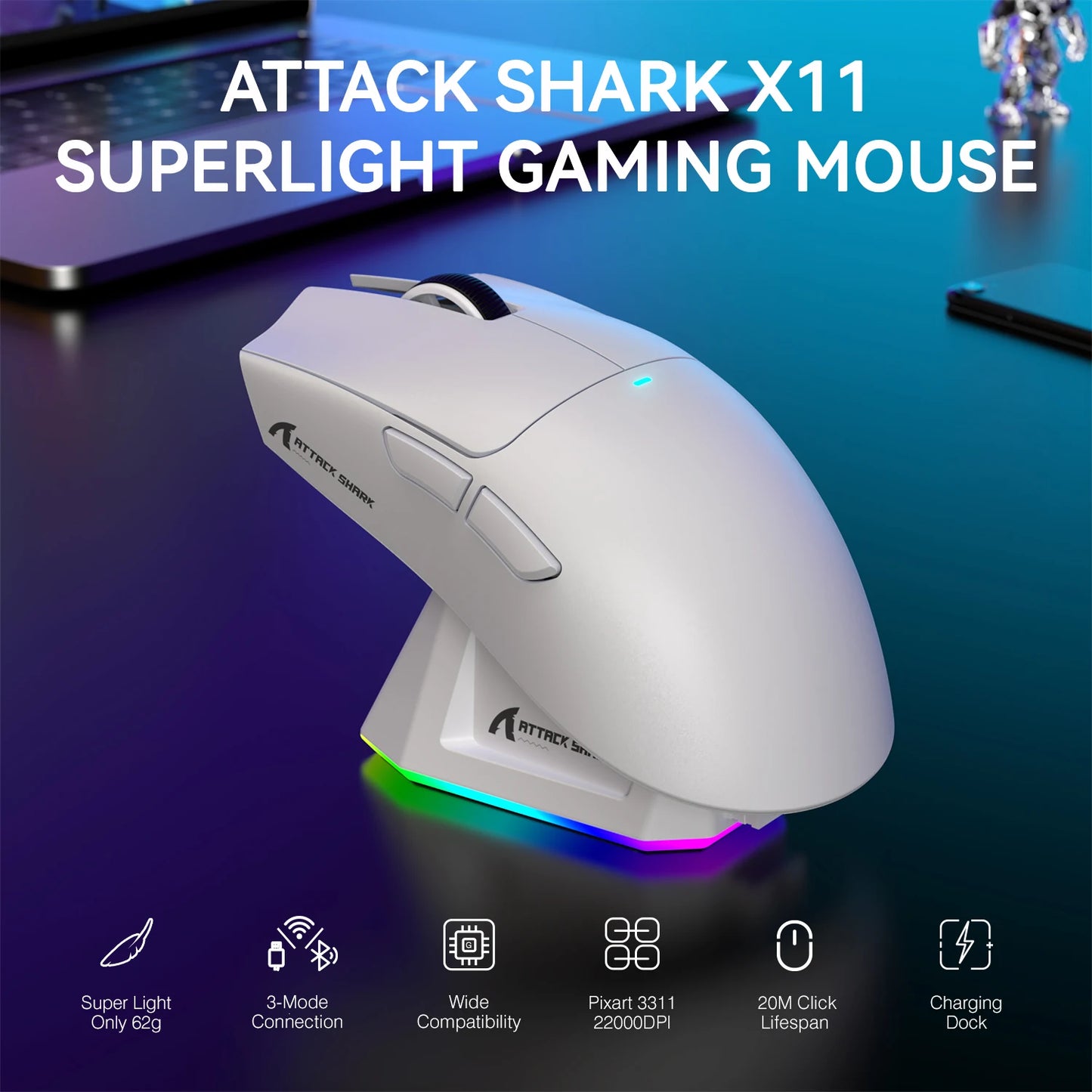 Attack Shark X11 Wireless Gaming Mouse With 22K DPI RGB