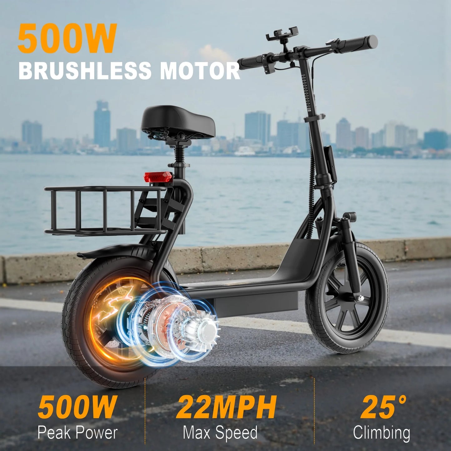 Electric Scooter With Seat For Adults 500W 48V 10.4Ah Battery 28 Miles