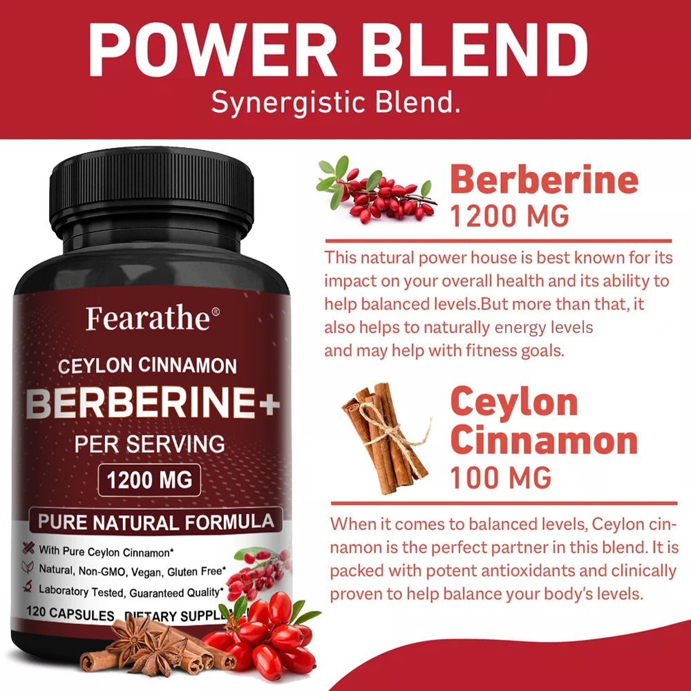 Berberine HCI & Ceylon Cinnamon Capsules, Support Cardiovascular, Gastrointestinal, Liver, Immune Health & Metabolic Balance