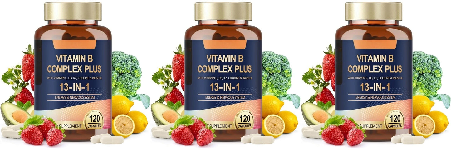 Vitamin B Complex Plus13-in-1 120Vegan Capsules Energy Support Immune Health Nerve Function Skin Wellness Antioxidant Supplement