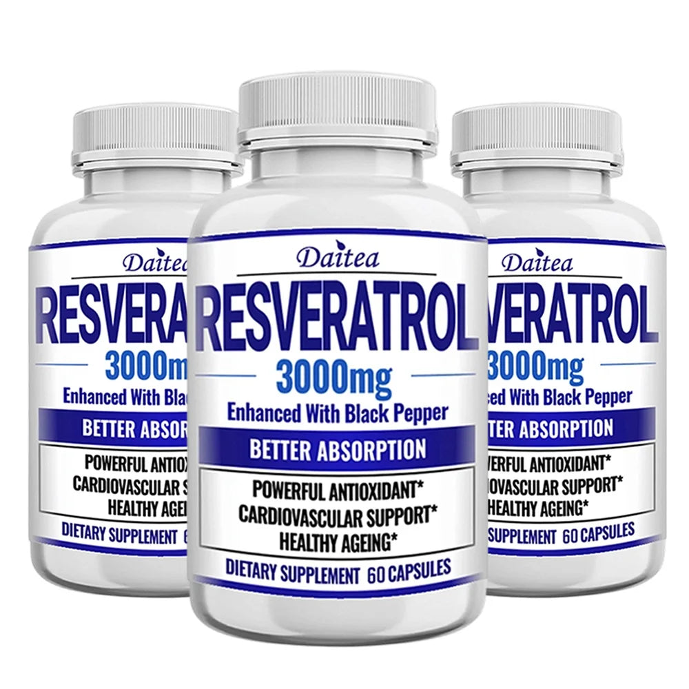 Resveratrol 3000mg Capsules, Maximum Strength Antioxidant, Supports Heart, Brain, Immune, Joint Health & Anti-Aging, Gluten-Free