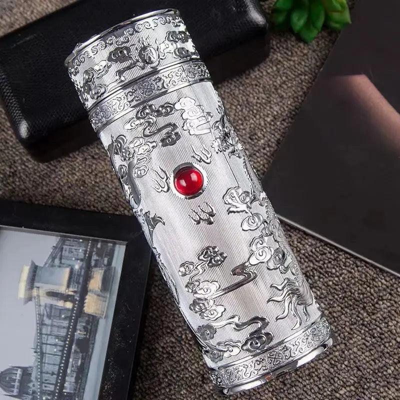 350ML Thermos Cup,999 Silver Plated Inner Liner,Dragon And Phoenix Pattern,Health Care Antibacterial,Gift,High-end Water bottle