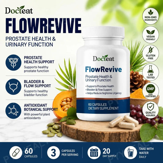 Docteat FlowRevive Prostate Health Capsules for Men with Quercetin, Supports Normal Urinary Flow & Bladder Comfort, 60 Capsules