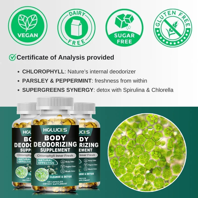 Chlorophyll Capsules Supplement, Body Deodorizing & Internal Cleanse, Support Digestion, Gut & Skin Health, Energy Boost