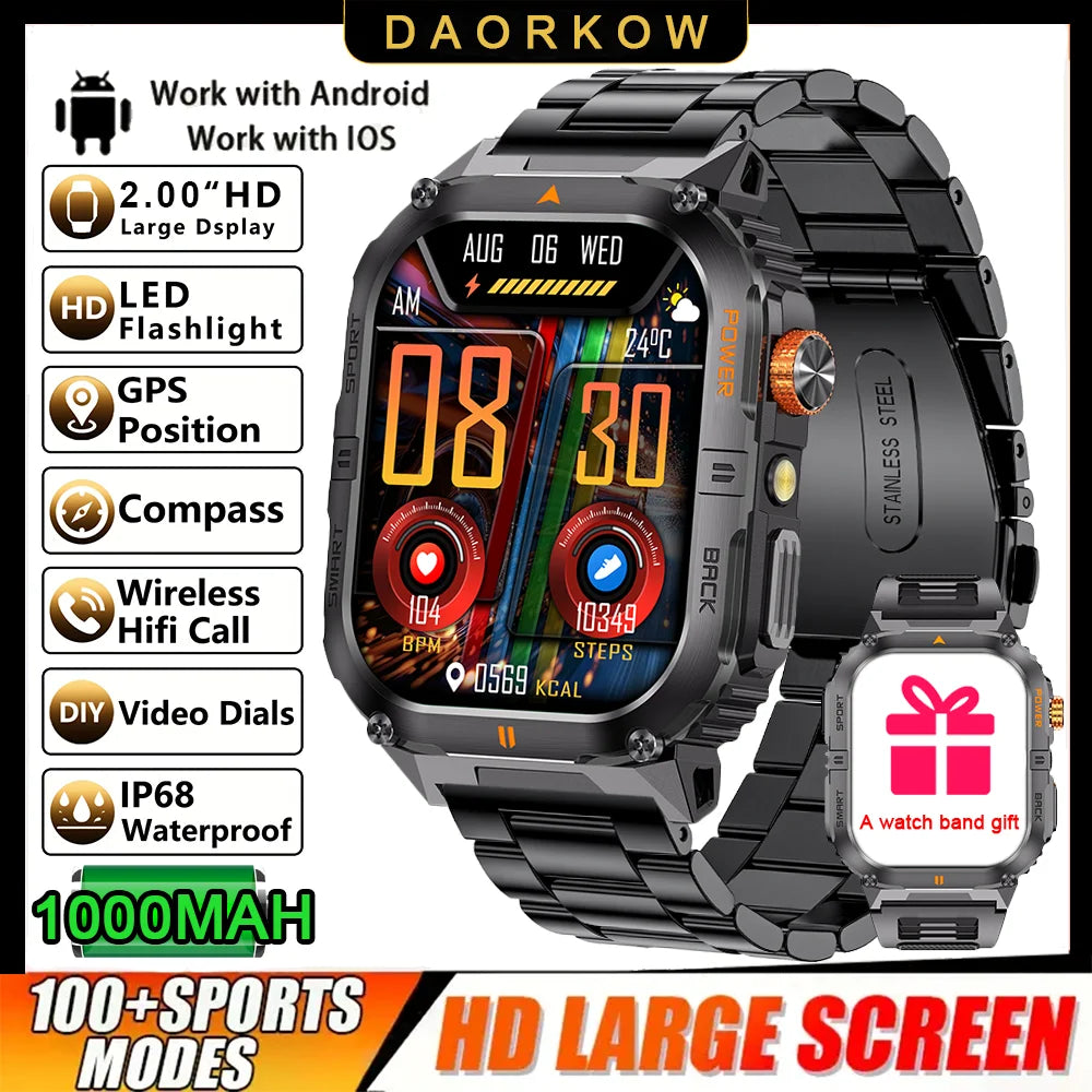 Outdoor Sport Smart Watch 2.00" 3ATM Waterproof LED Flashlight Answer Call 1000mAH Big Battery Health Fitness Tracker Smartwatch