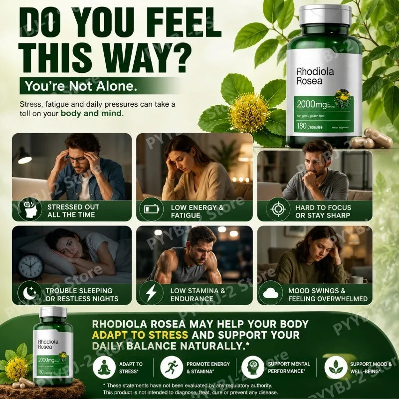Rhodiola Rosea Capsules 180 Pieces Emotional Relief and Immune Health Support — 2000mg Rhodiola Rosea Root 5:1 Plant Extract