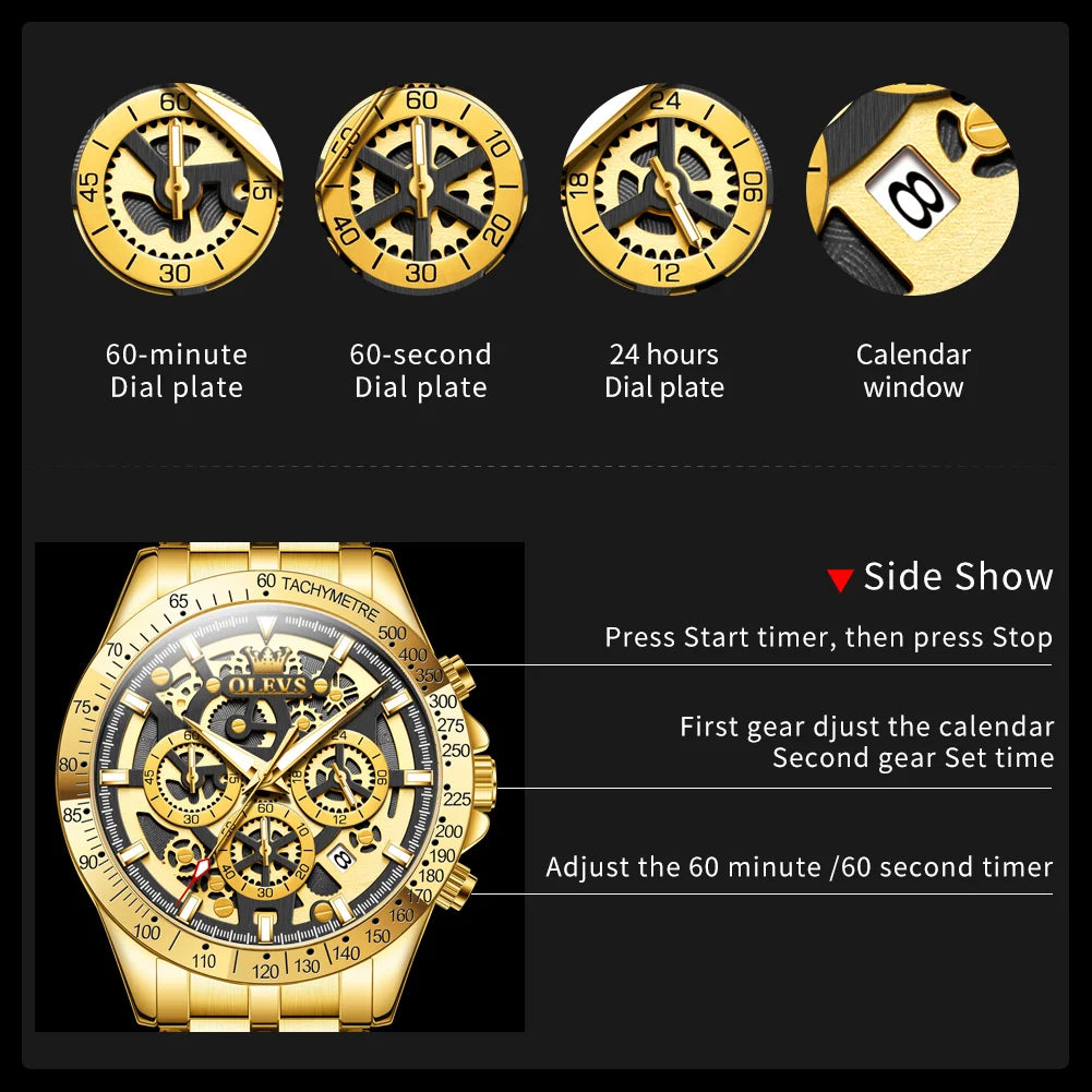OLEVS Luxury Skeleton Chronograph Stainless Steel Watch