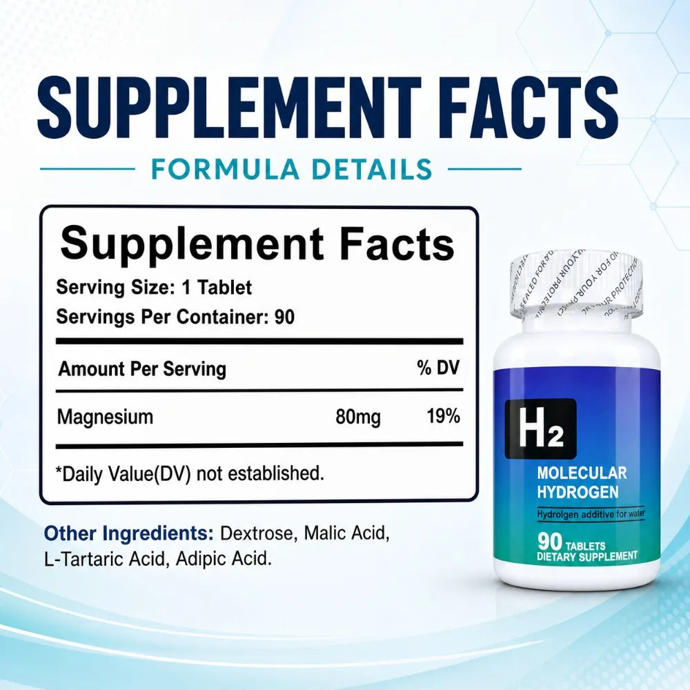 Molecular Hydrogen Tablets H2 Magnesium 80mg Antioxidant Energy Brain Health Unflavored Non GMO 90 Tablets Dietary Supplement