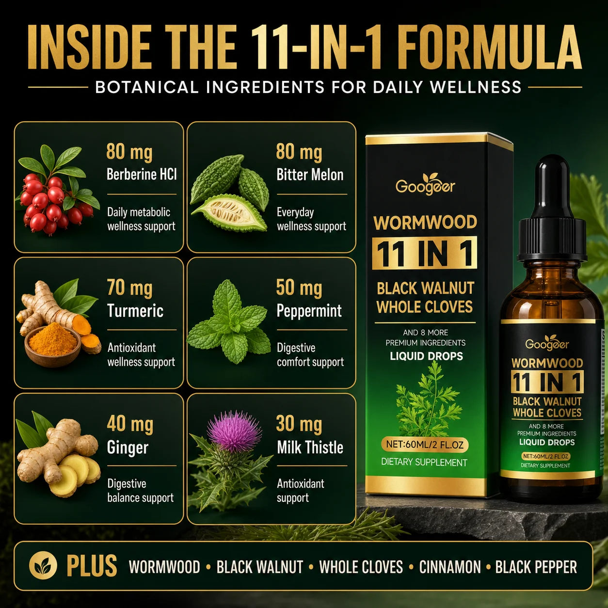 Wormwood 11 in 1 Liquid Drops - Black Walnut & Whole Cloves with Berberine, Turmeric for Gut Health & Digestive Support, 60ml