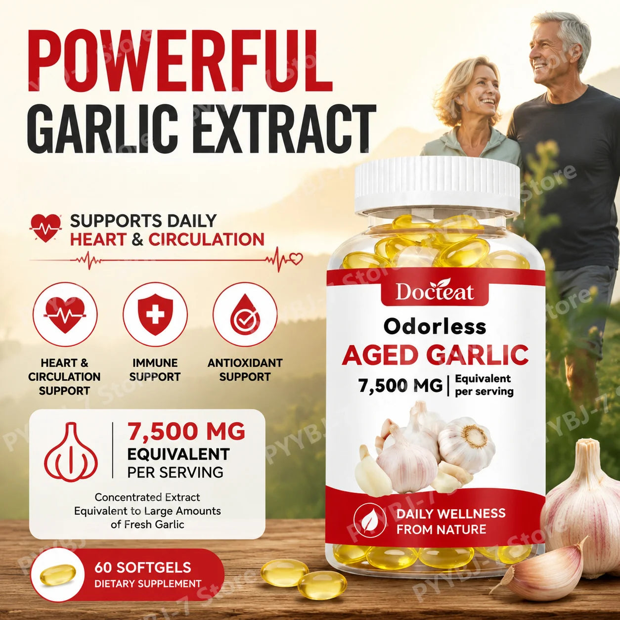 Odorless Aged Garlic Extract 7500mg 60 Softgels, Ajo Envejecido Supplement, Antioxidant & Immune Support, Daily Garlic Softgels