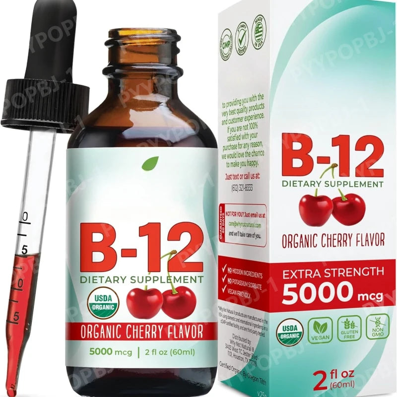 Vitamin B12 Liquid 5000mcg Drops Cherry Flavor Methylcobalamin Sublingual Drops Vegan Sugar Free Health Dietary Supplement 60ml