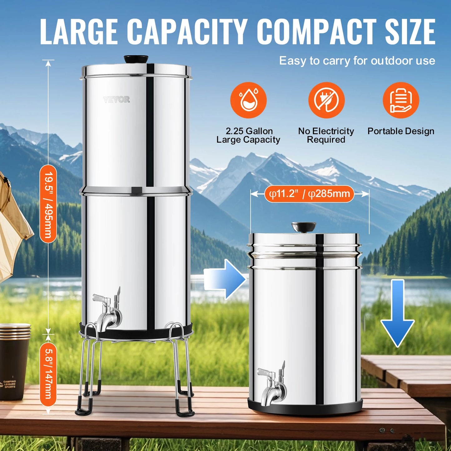 Gravity Fed Water Filter System 304 Stainless Steel Countertop