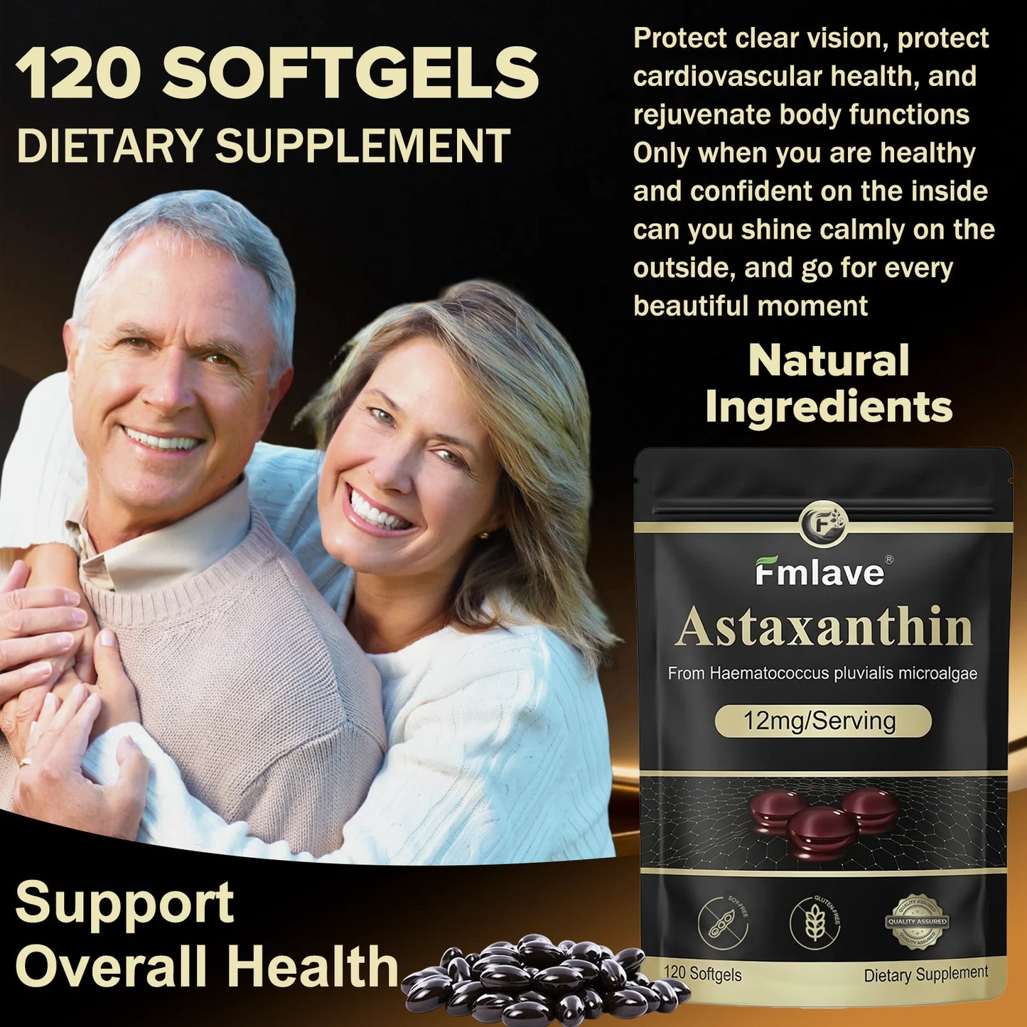 Fmlave Premium Astaxanthin 12mg, Natural Antioxidant Supplement for Eye, Joint, Skin Health,Microalgae Source, 120 Softgels
