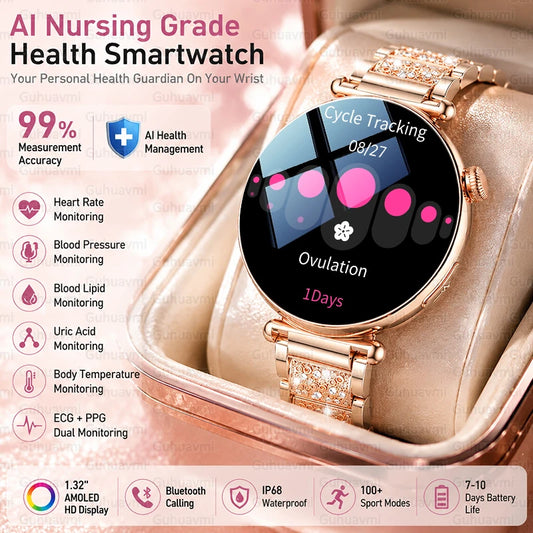 Luxury Diamond Smart Watch For Women 1.32" AMOLED Screen Heart Rate Blood Pressure Health Monitor IP68 Waterproof Sports Watches