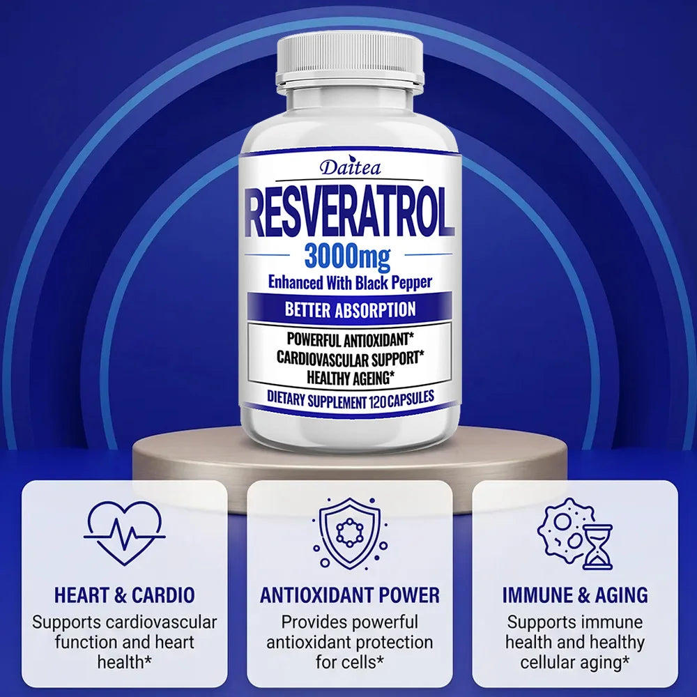 Resveratrol 3000mg Capsules, Maximum Strength Antioxidant, Supports Heart, Brain, Immune, Joint Health & Anti-Aging, Gluten-Free