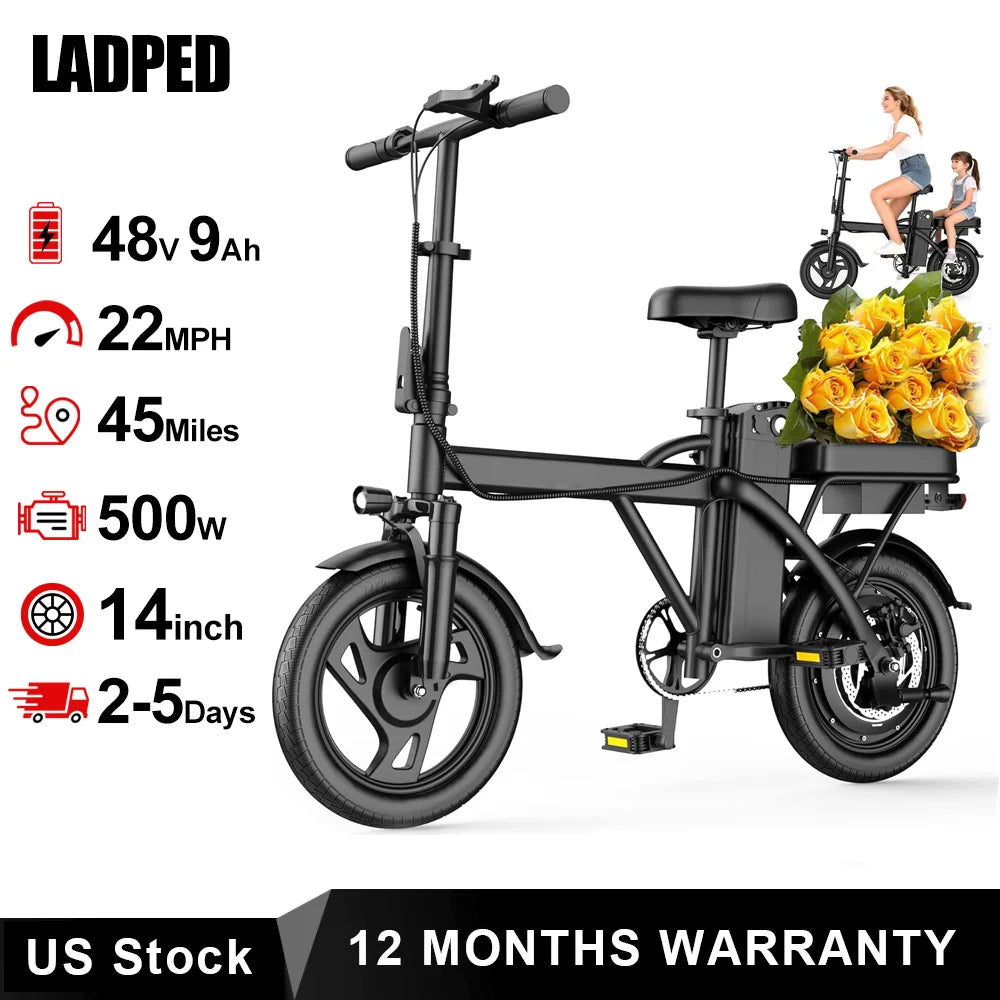 Ladped Foldable Electric Bike 500W 48V Two Seat 22 MPH E Bike