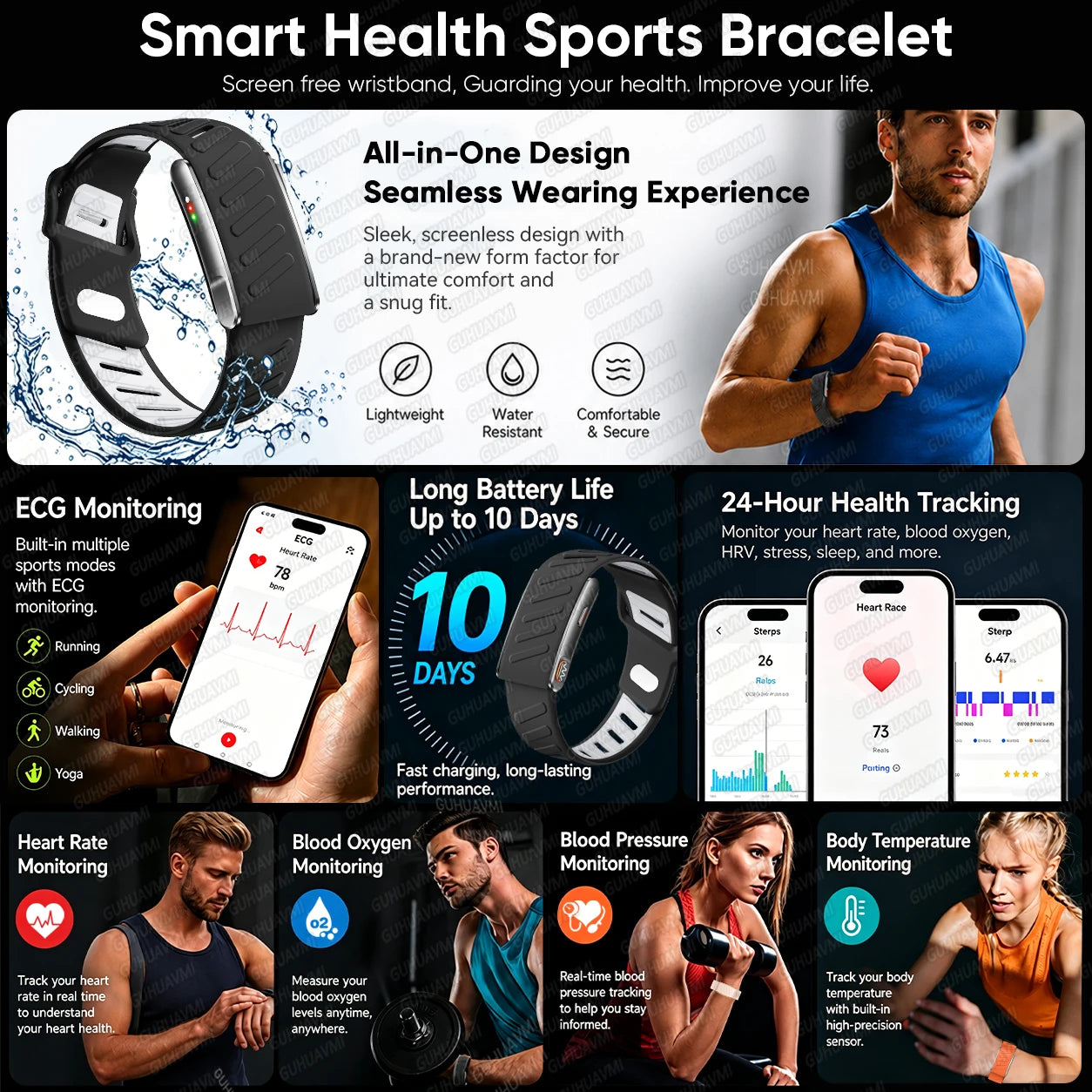 2026 New Screenless Fitness Tracker Health Smart Band ECG+PPG Uric Acid Blood Oxygen Body analysis Smart Bracelet For Men Women