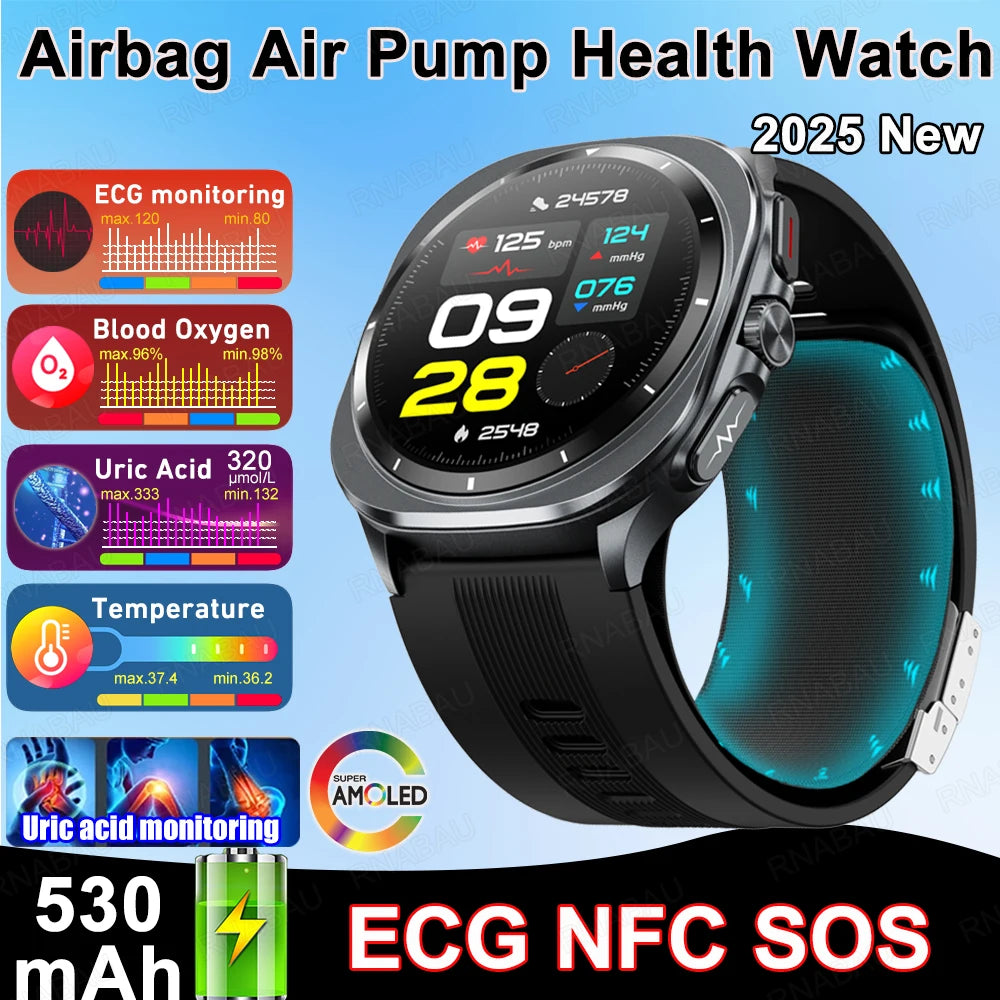2025 New Airbag Smart Watch men True Blood Pressure air Pump Uric Acid Blood Lipids health watch Bluetooth call watch waterproof