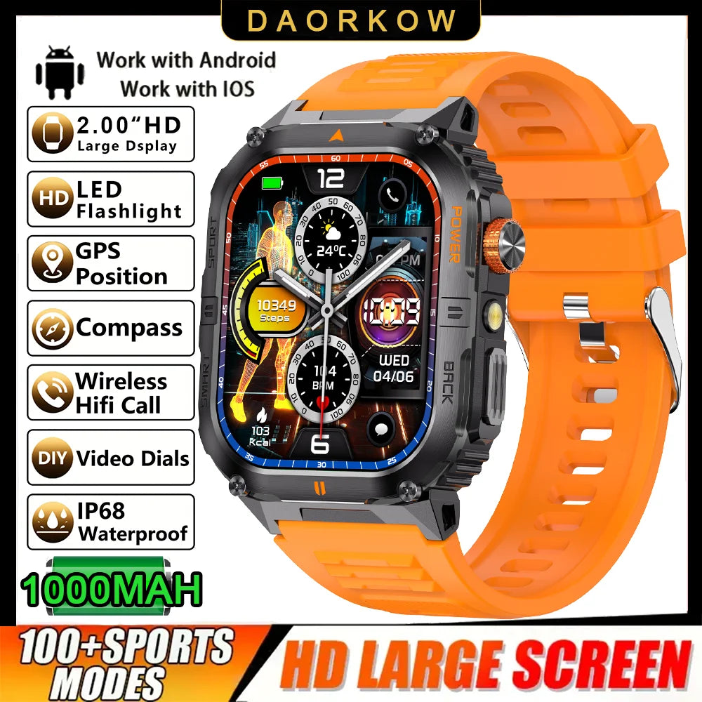 Outdoor Sport Smart Watch 2.00" 3ATM Waterproof LED Flashlight Answer Call 1000mAH Big Battery Health Fitness Tracker Smartwatch