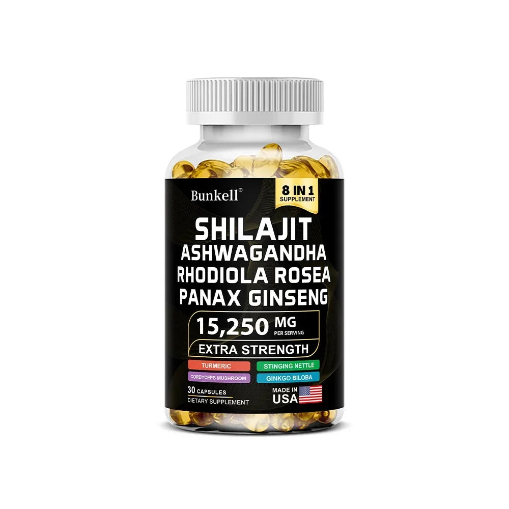 15250mg Shilajit Capsules 8-in-1 with Ashwagandha Ginseng Rhodiola Turmeric - Energy Brain Muscle Joint Health Immune Support