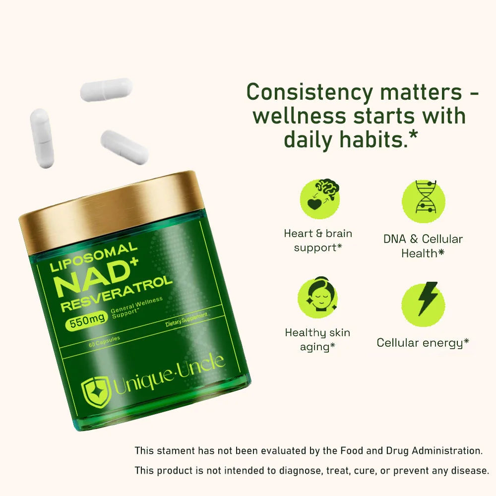 550mg ADVANCED NAD+ Resveratrol - Liposomal NAD Supplement with Resveratrol Support Skin Health and Overall Energy - 60 Capsules